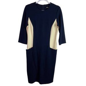 J McLaughlin Dress Block Minimalist  Modern Capsule Navy Blue Tan Sheath  Medium